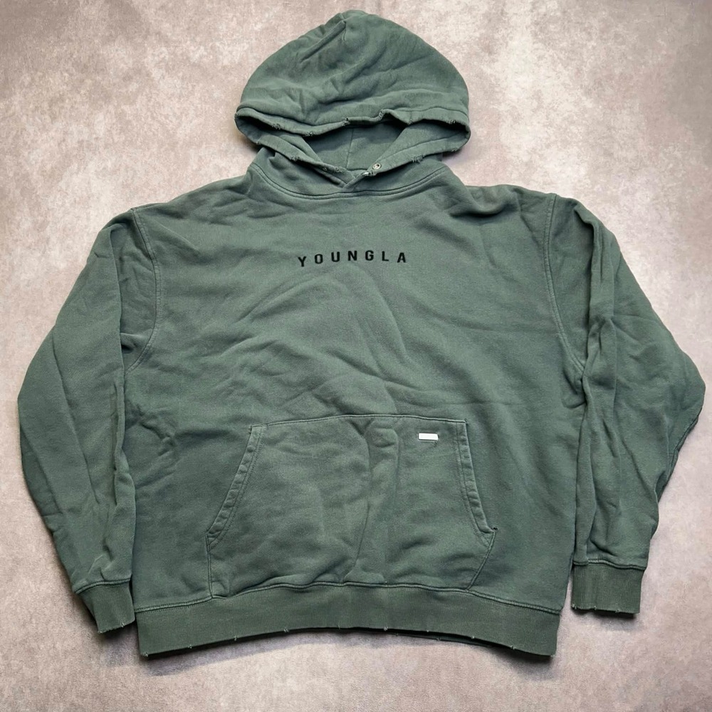 YoungLA 539 Heavyweight Cotton Distressed Hoodie Sage Green Mens Medium